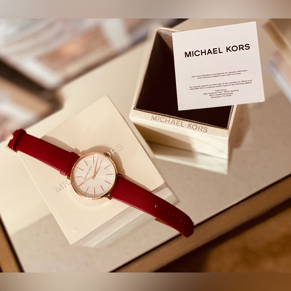 MK Michael Kors Women's Pyper Gold-tone Red Leather Strap Watch Authentic